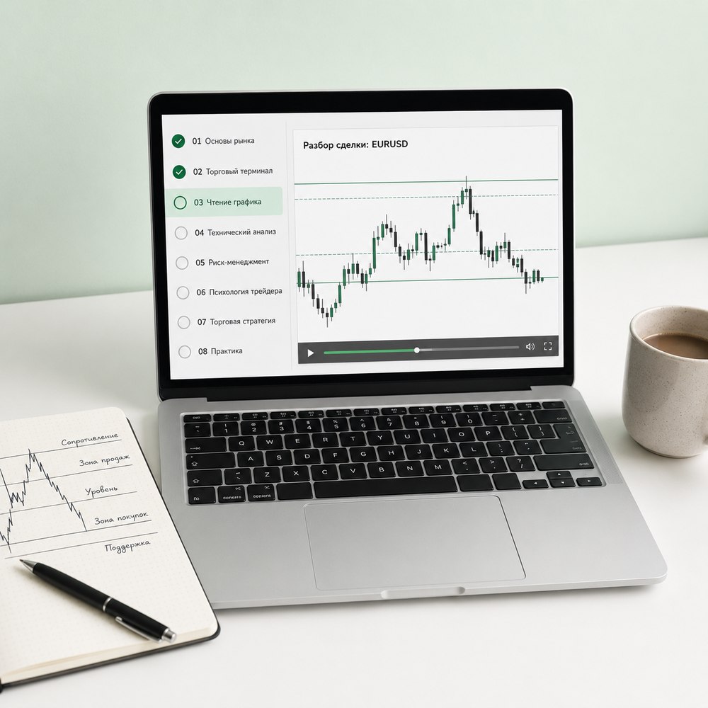 Платформа курса: список из восьми модулей и окно видеоурока с разбором сделки