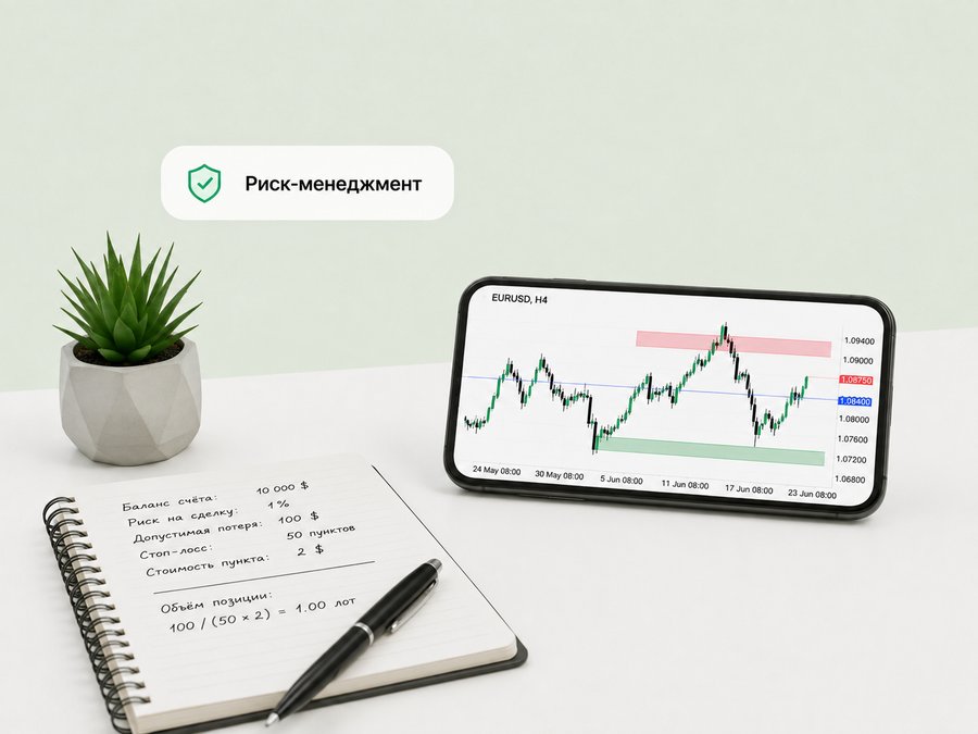 Расчёт риска на сделку и объёма позиции в блокноте рядом с графиком EURUSD